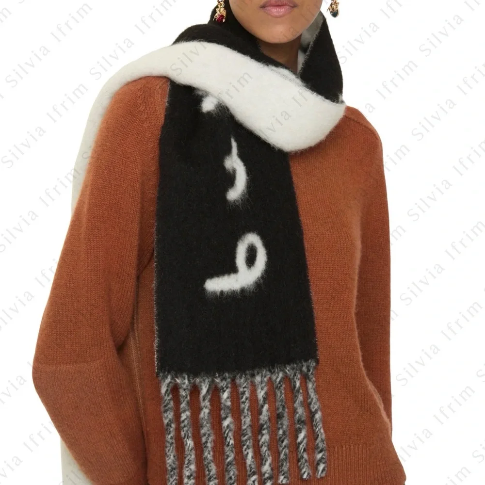Burberry Black and White Logo Fringe Scarf